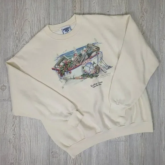Vintage 90s Lee Men’s XL Scallop Cove Cream Pullover Crewneck Sweater - Picture 1 of 9